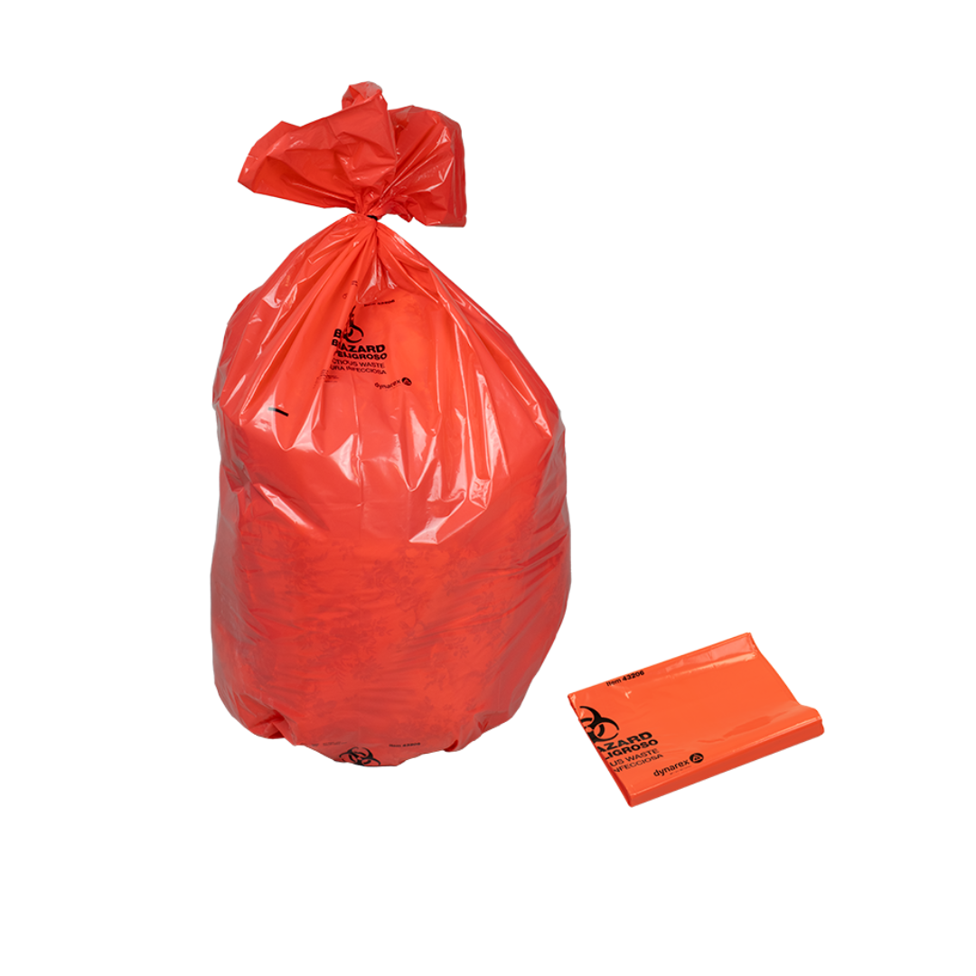 A large tied red Dynarex Biohazard Waste Bag stands upright beside an unused, folded bag on a white background. Both display biohazard symbols and warning text for secure containment of hazardous waste.